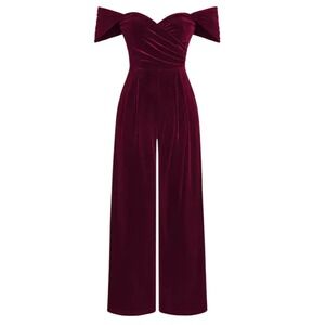 CIDER Burgundy Velvet Off Shoulder Wide Leg‎ Jumpsuit Formal Evening Medium
